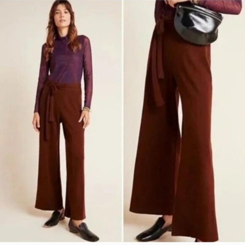 Anthropologie Wide Leg High Rise Crop Brown Merino Wool Pants Size S